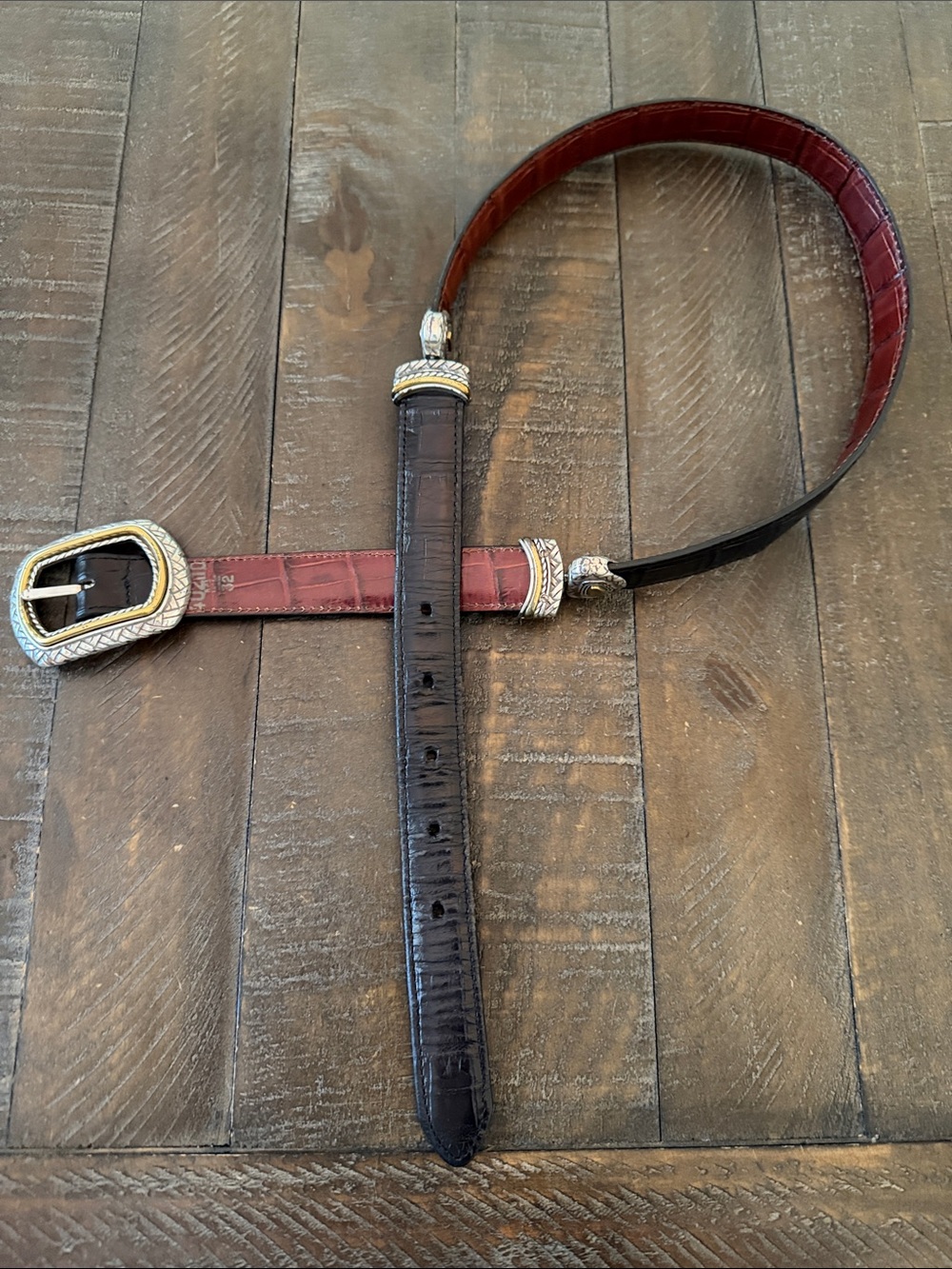 Brighton Two-Tone Croc-Embossed Leather Belt in Black and Brown
